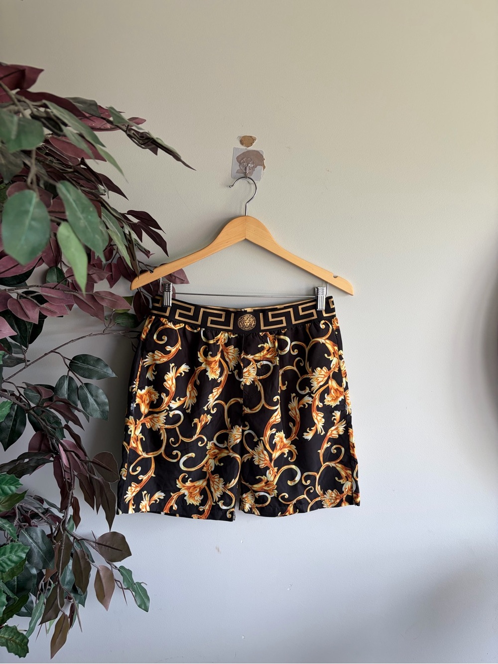 Versace Black Shorts with Gold Baroque Scrolls